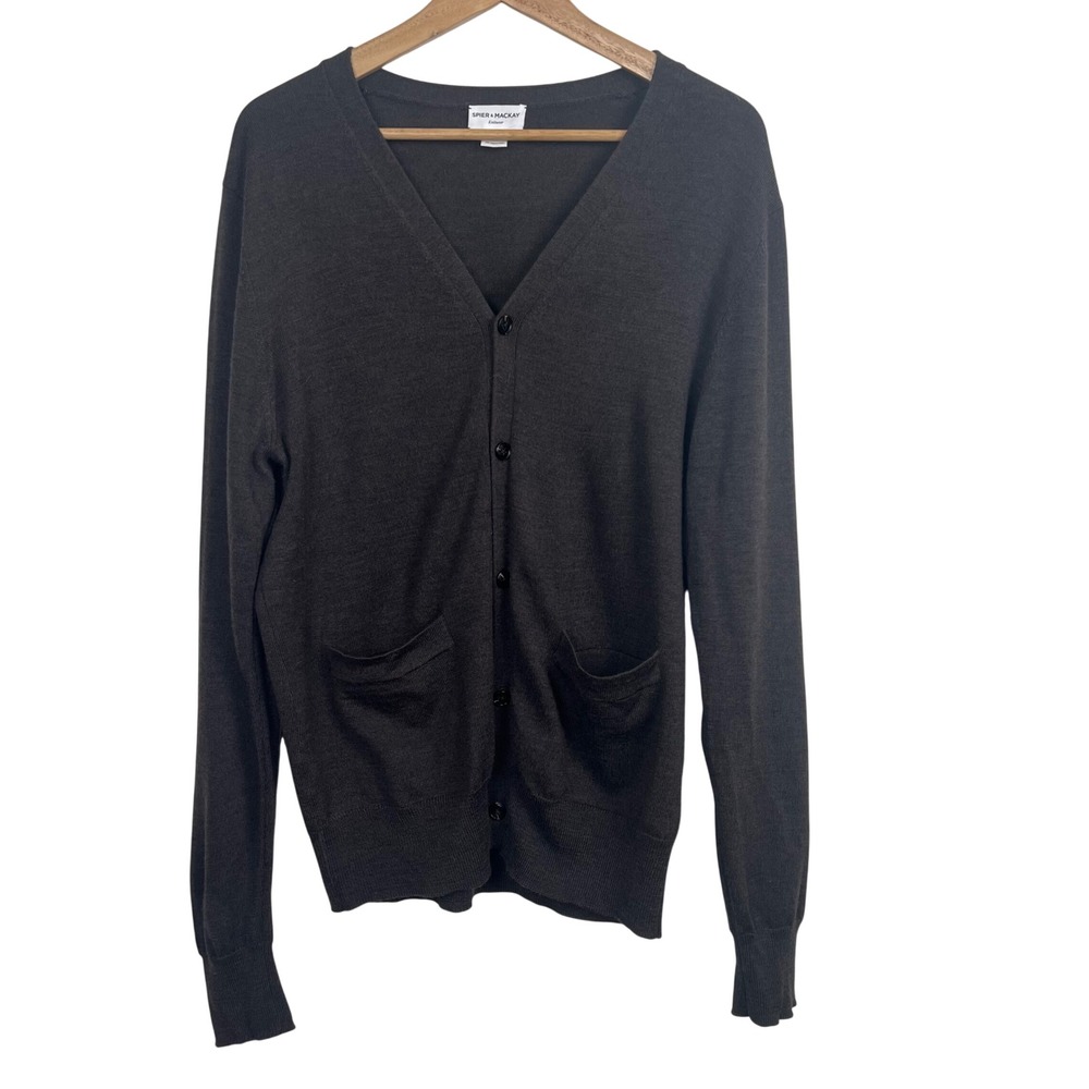 Spier & Mackay Mens Deep Brown 100% Merino‎ Wool V-Neck Cardigan Sweater Large